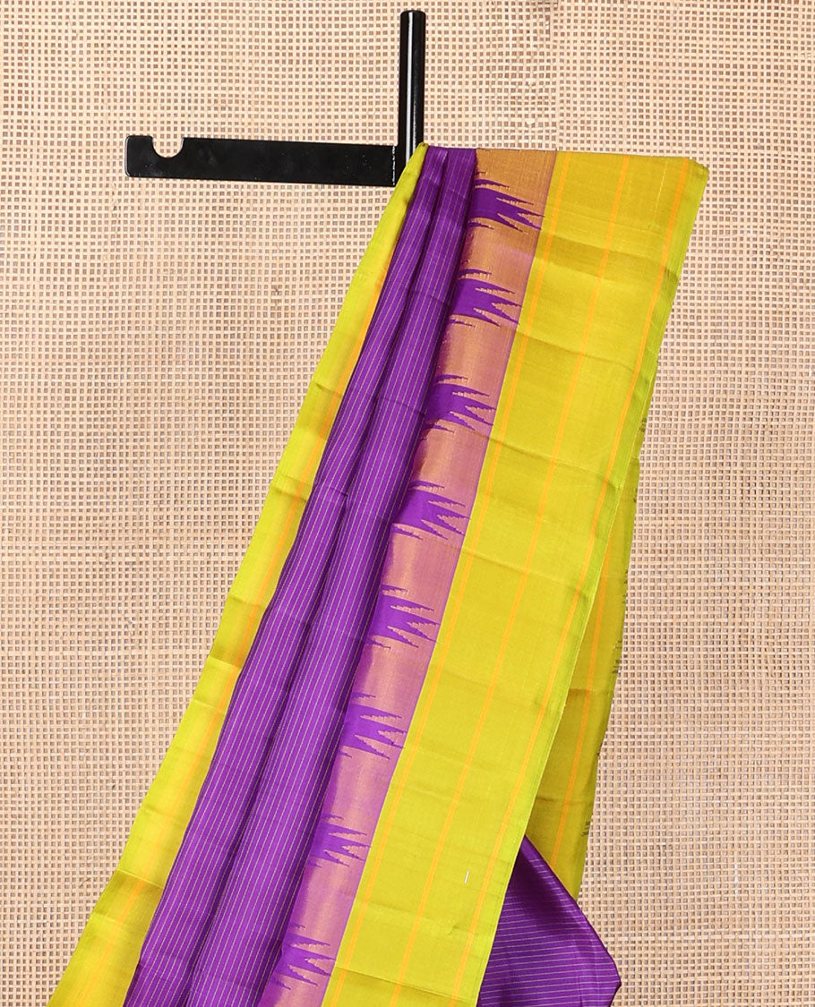 Violet striped kanchipuram silk saree, contrast thazampoo rekku striped border & pallu of thazampoo rekku & stripes
