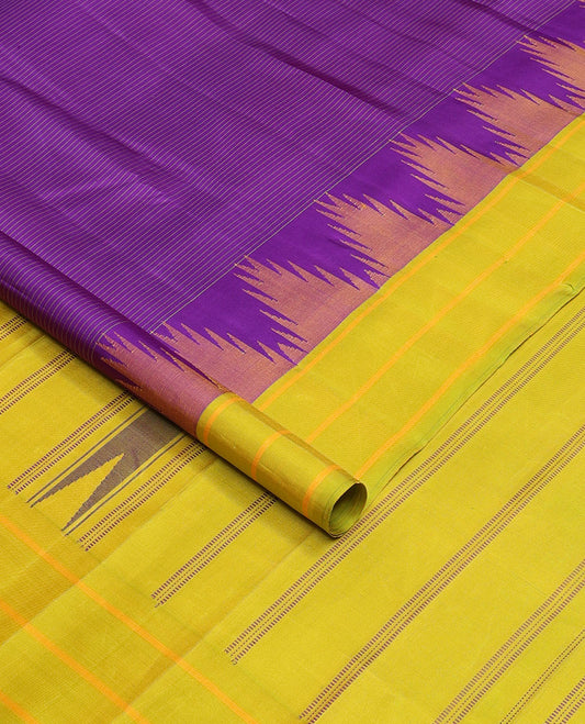 Violet striped kanchipuram silk saree, contrast thazampoo rekku striped border & pallu of thazampoo rekku & stripes