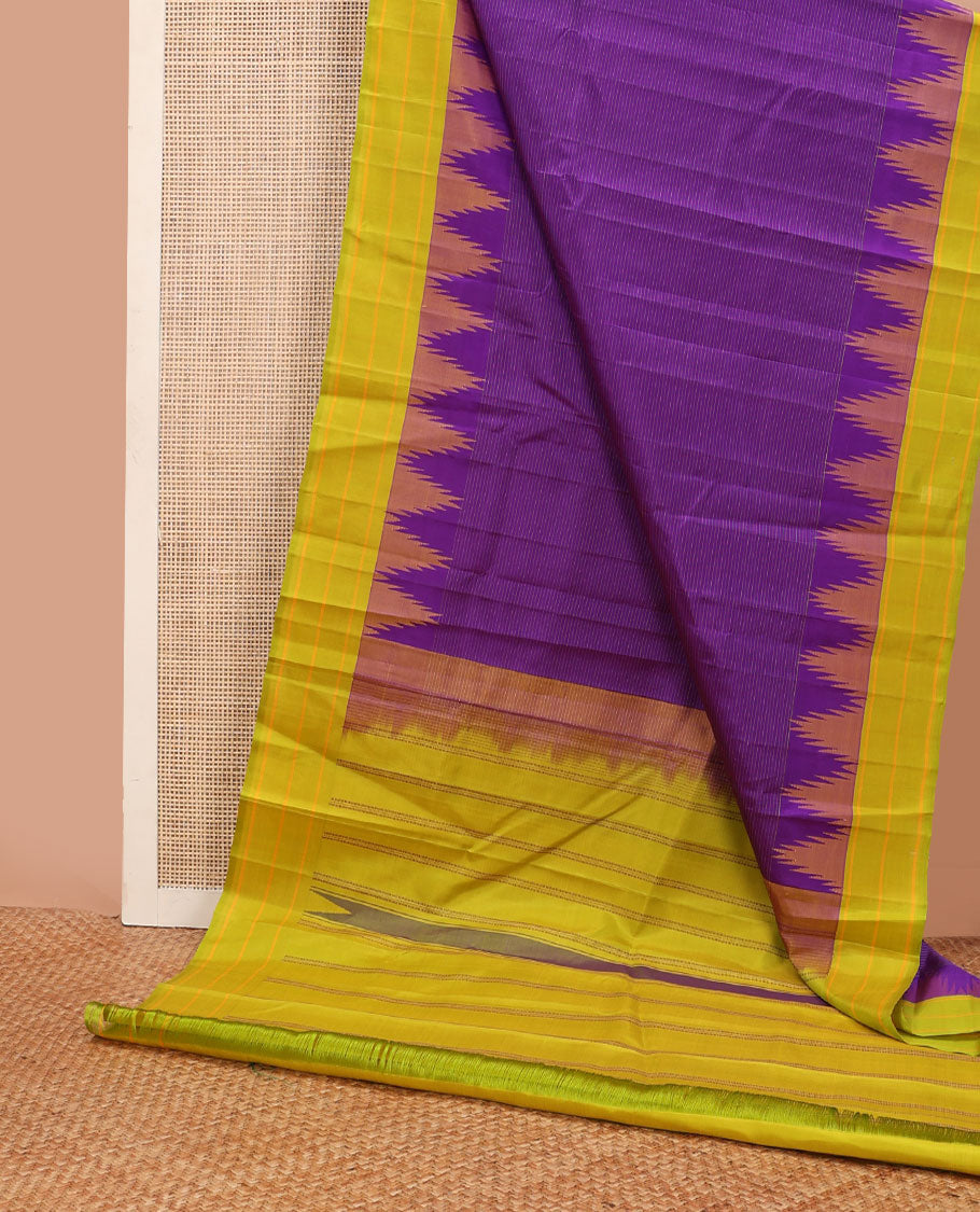 Violet striped kanchipuram silk saree, contrast thazampoo rekku striped border & pallu of thazampoo rekku & stripes