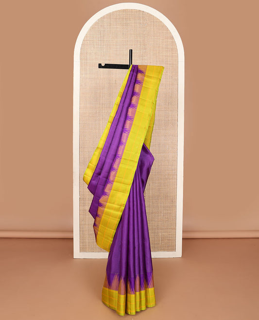 Violet striped kanchipuram silk saree, contrast thazampoo rekku striped border & pallu of thazampoo rekku & stripes