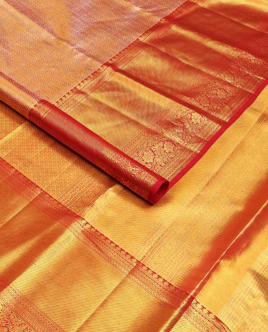Pink zari jacquard tissue silk saree, contrast jaal pallu & border of muthu, diamond & floral designs