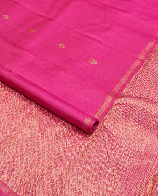 Borderless pink kanchipuram silk saree with zari buttas, zari-rich jaal pallu