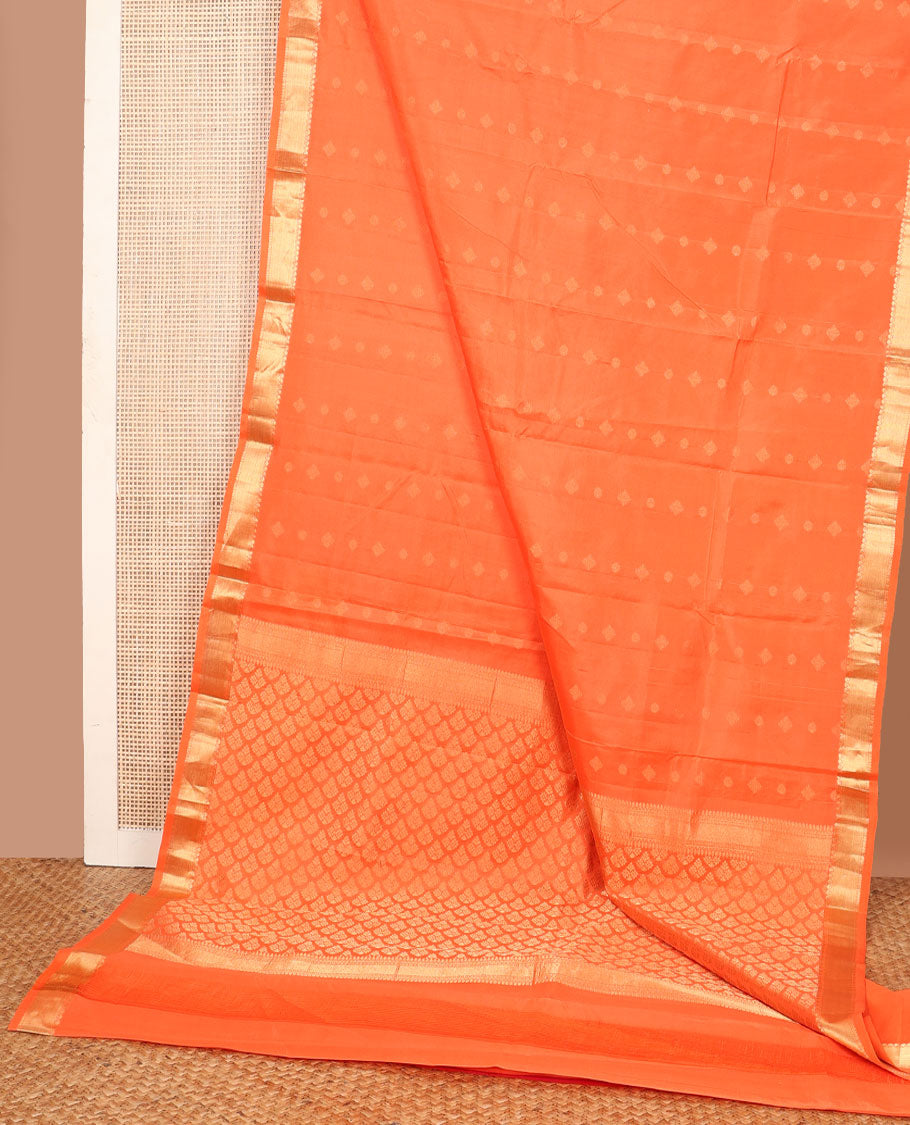 Orange zari buttas Kanchipuram silk saree, zari border of thilakam mokku & paisa design & intricate pallu
