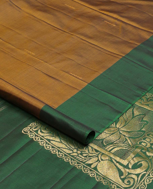 Brown zari buttas Kanchipuram silk saree, contrast manga buttas zari woven border, and pallu of floral designs