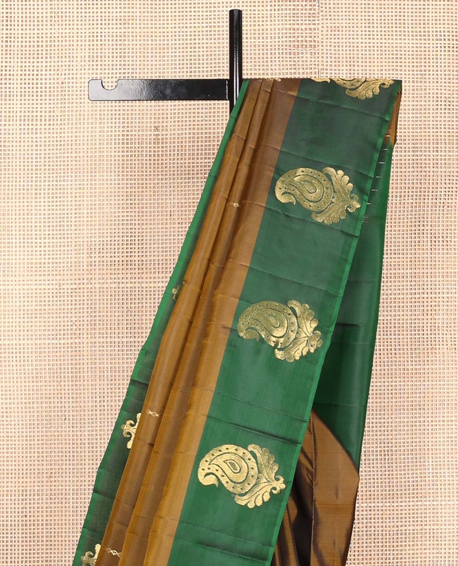 Brown zari buttas Kanchipuram silk saree, contrast manga buttas zari woven border, and pallu of floral designs