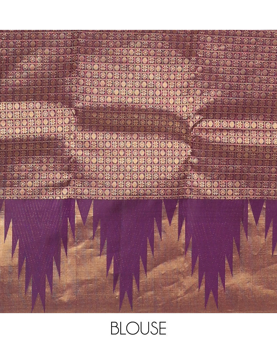 Purple zari buttas Kanchipuram silk saree, thazampoo rekku zari border, and pallu of manga, kolam, and rudraksham motifs enclosed checks