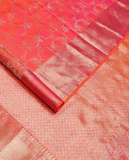 Orange and pink zari jacquard Kanchipuram silk saree, zari border of manga mokku, kodi visiry, and jaal designs, and jaal pallu