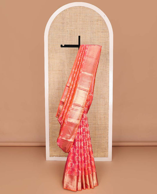 Orange and pink zari jacquard Kanchipuram silk saree, zari border of manga mokku, kodi visiry, and jaal designs, and jaal pallu