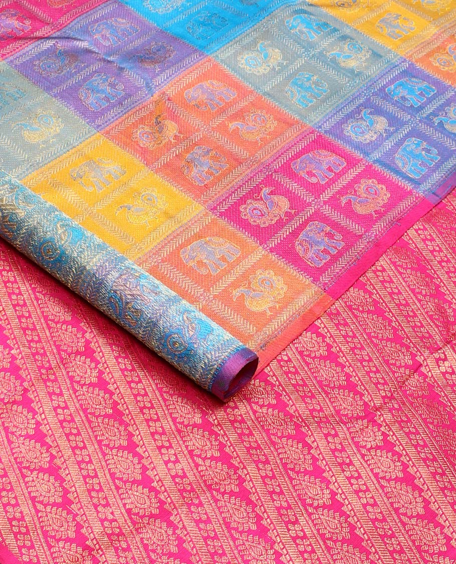 Borderless multi-color mayil and yaanai enclosed checked Kanchipuram silk saree, contrast pallu steeped with thilakam motifs