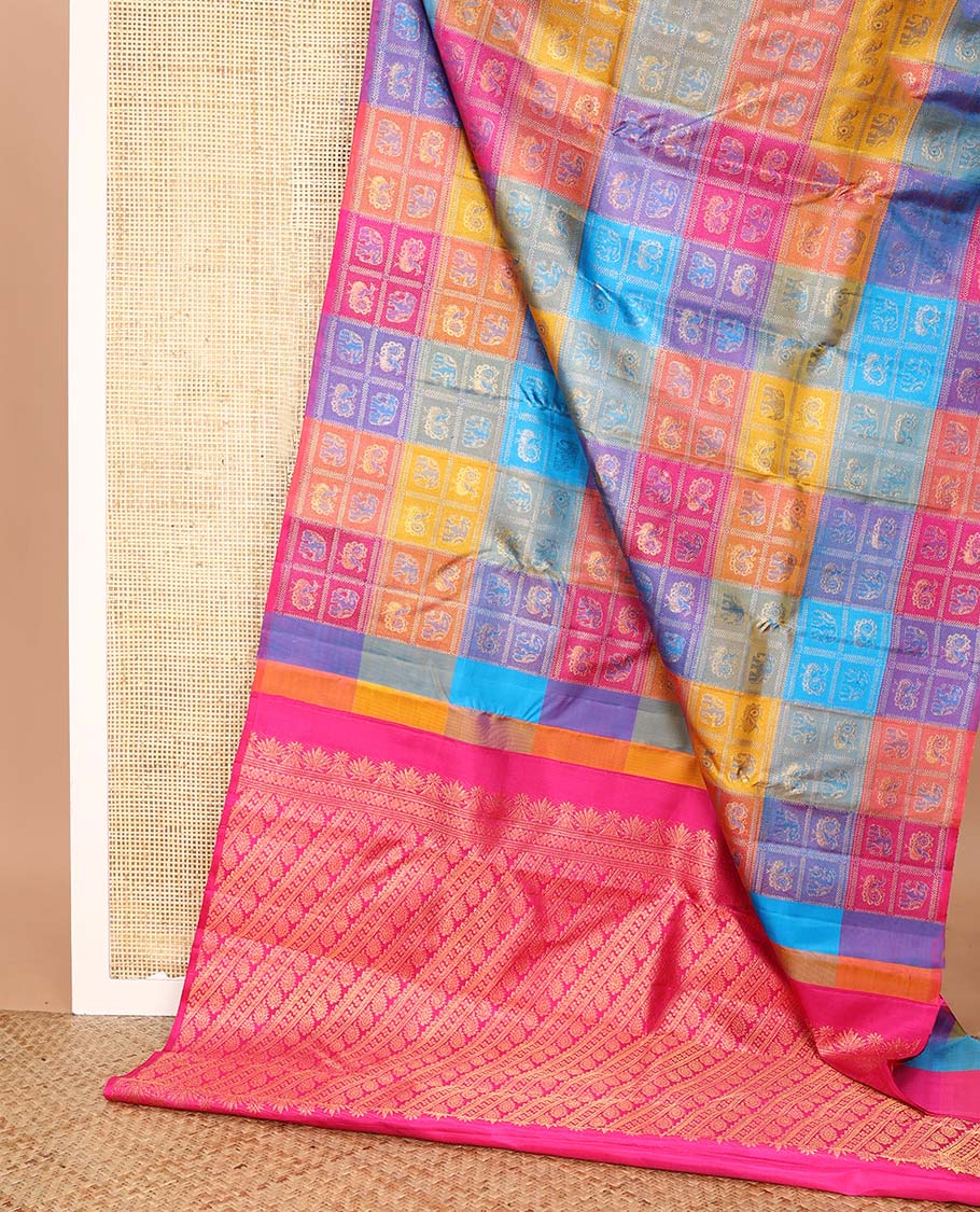 Borderless multi-color mayil and yaanai enclosed checked Kanchipuram silk saree, contrast pallu steeped with thilakam motifs