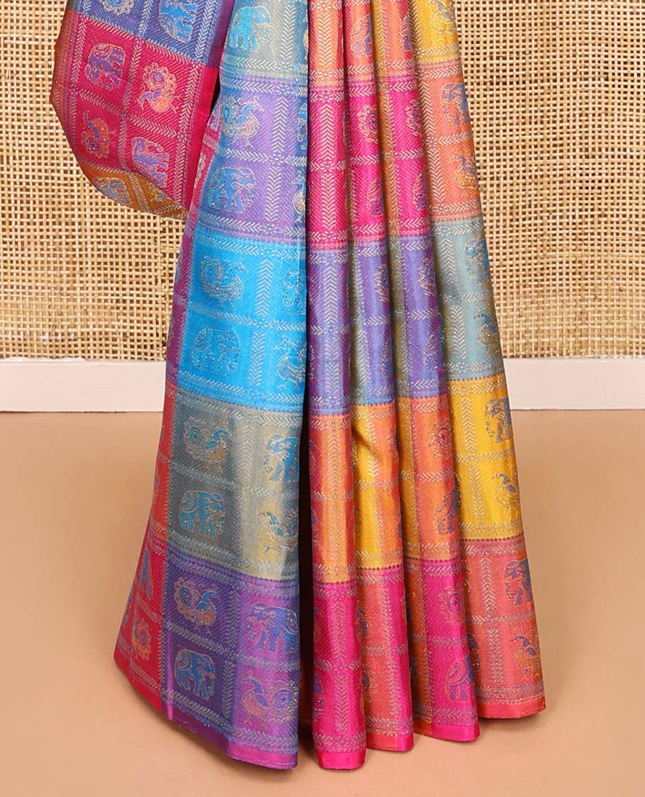 Borderless multi-color mayil and yaanai enclosed checked Kanchipuram silk saree, contrast pallu steeped with thilakam motifs