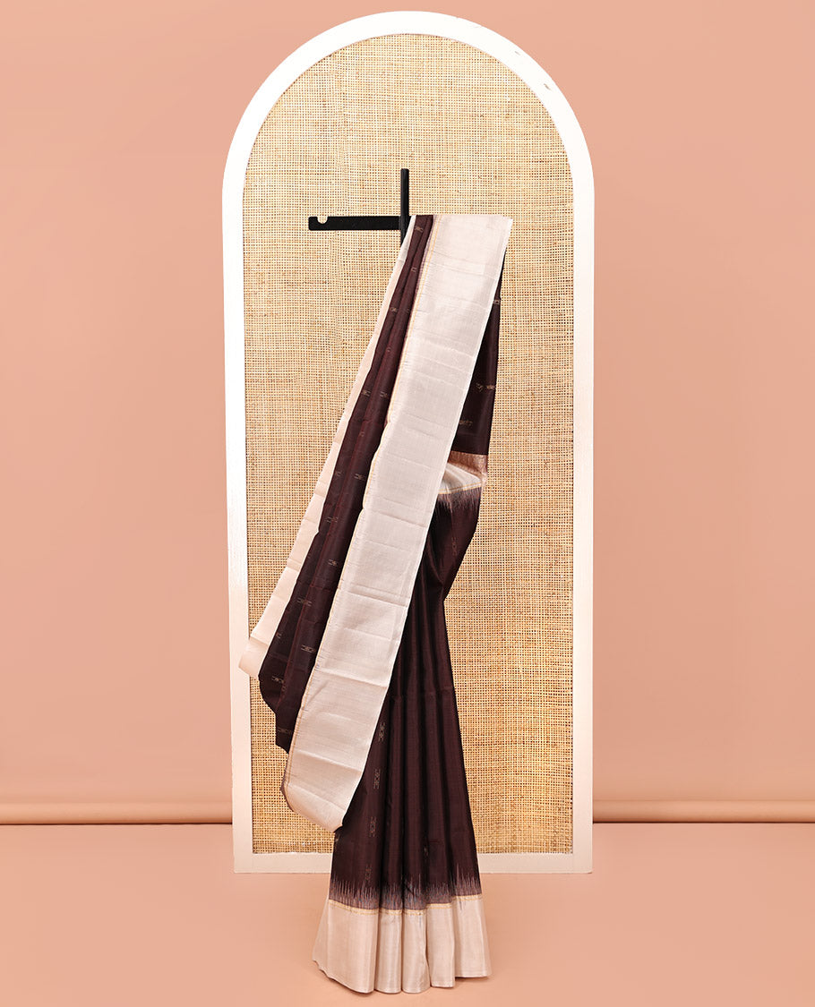 Brown Kanchipuram Silk Saree, Sparsely Woven with Buttas, a Contrast Border, Geometric Patterned Pallu, and a Contrast Blouse