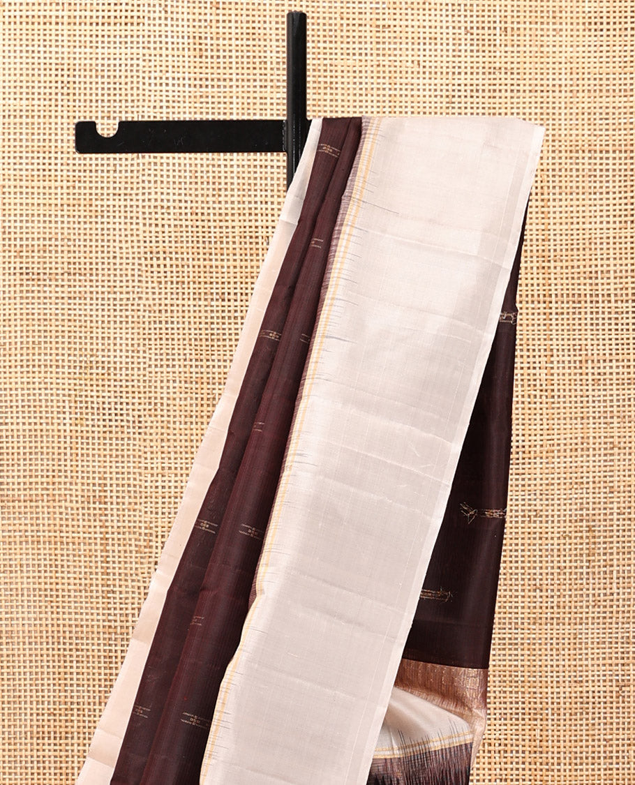 Brown Kanchipuram Silk Saree, Sparsely Woven with Buttas, a Contrast Border, Geometric Patterned Pallu, and a Contrast Blouse