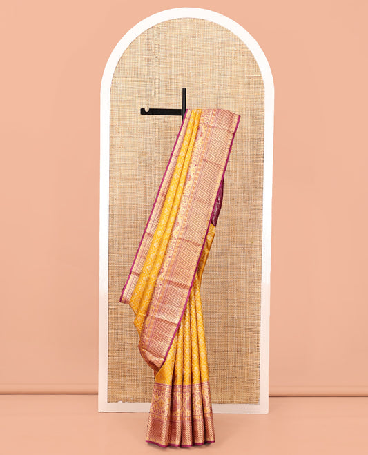 Yellow Kanchipuram Tissue Silk Saree, Impeccably Styled with Jacquard, Complemented by a Contrast Meenakari Border, Jaal Pallu, and a Contrast Blouse