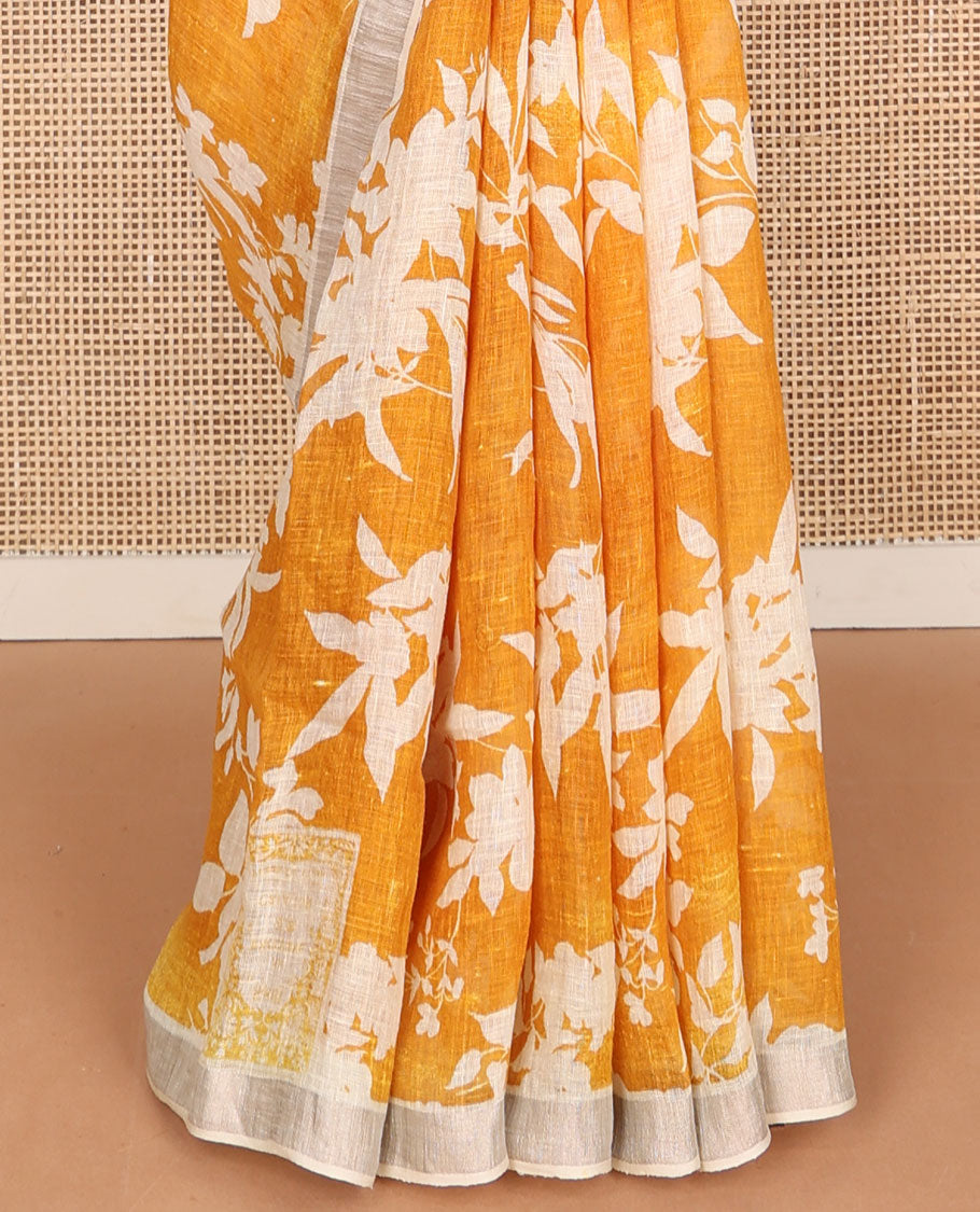 Yellow floral motifs printed linen saree, zari border & pallu of stripes