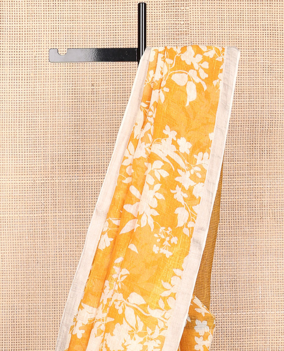 Yellow floral motifs printed linen saree, zari border & pallu of stripes