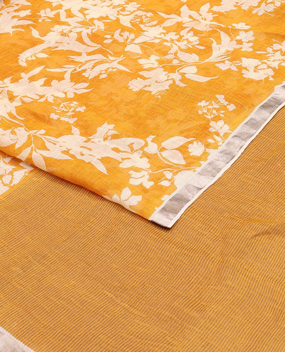 Yellow floral motifs printed linen saree, zari border & pallu of stripes