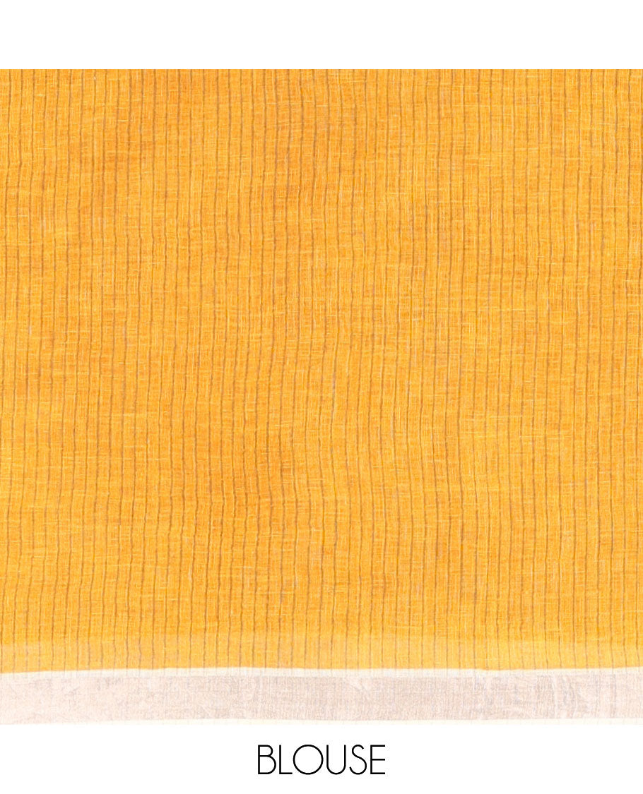 Yellow floral motifs printed linen saree, zari border & pallu of stripes