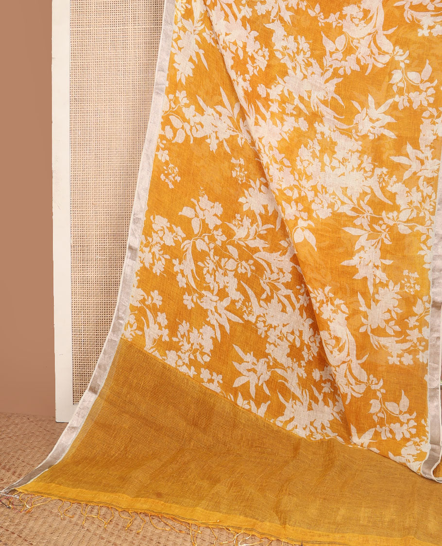 Yellow floral motifs printed linen saree, zari border & pallu of stripes
