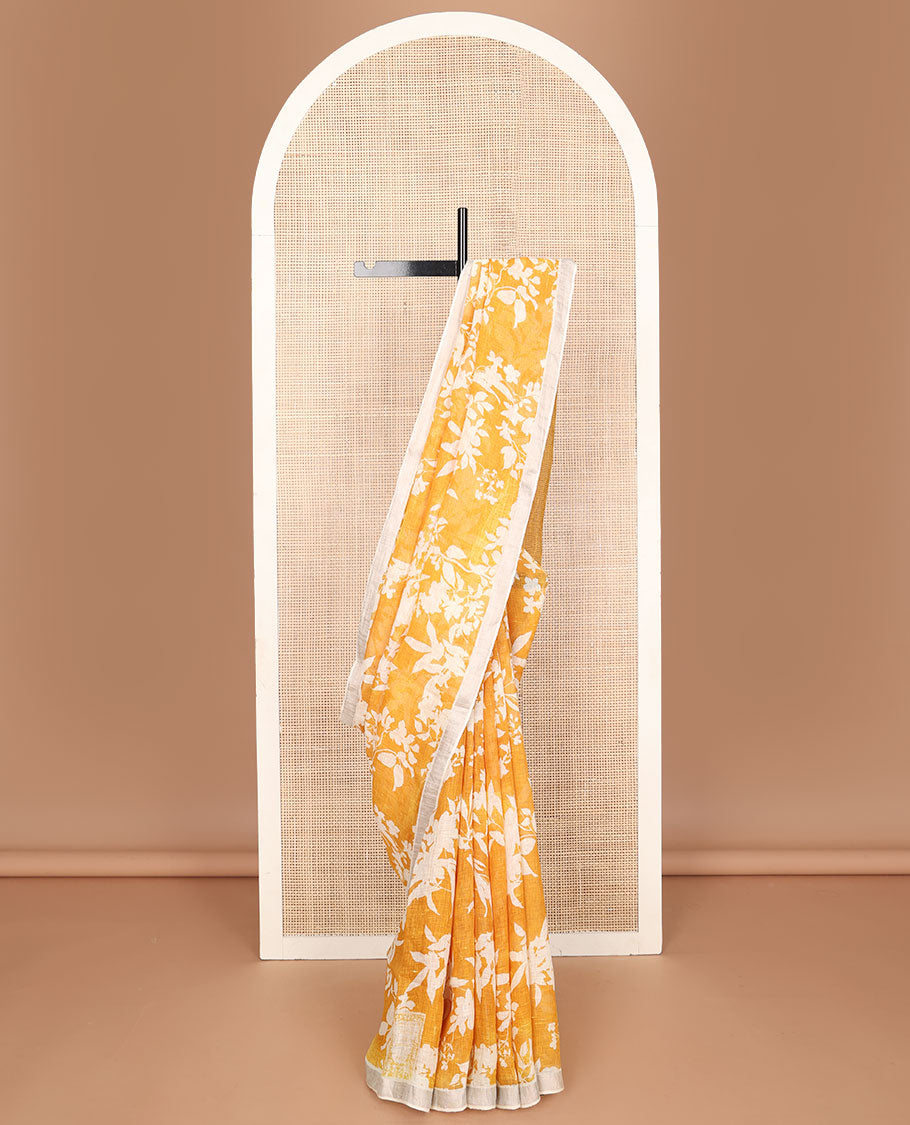 Yellow floral motifs printed linen saree, zari border & pallu of stripes