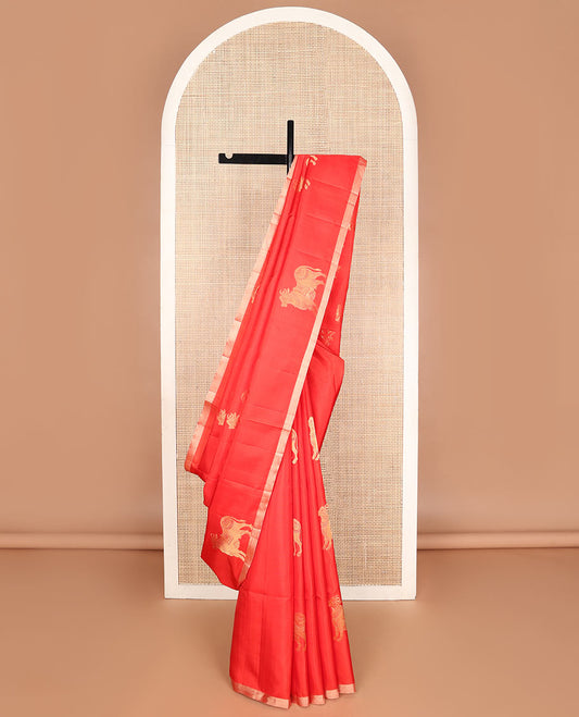 Red soft silk saree with Pichwai cow zari buttas, piping zari border & pallu steeped with Pichwai cow motifs