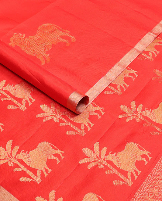 Red soft silk saree with Pichwai cow zari buttas, piping zari border & pallu steeped with Pichwai cow motifs