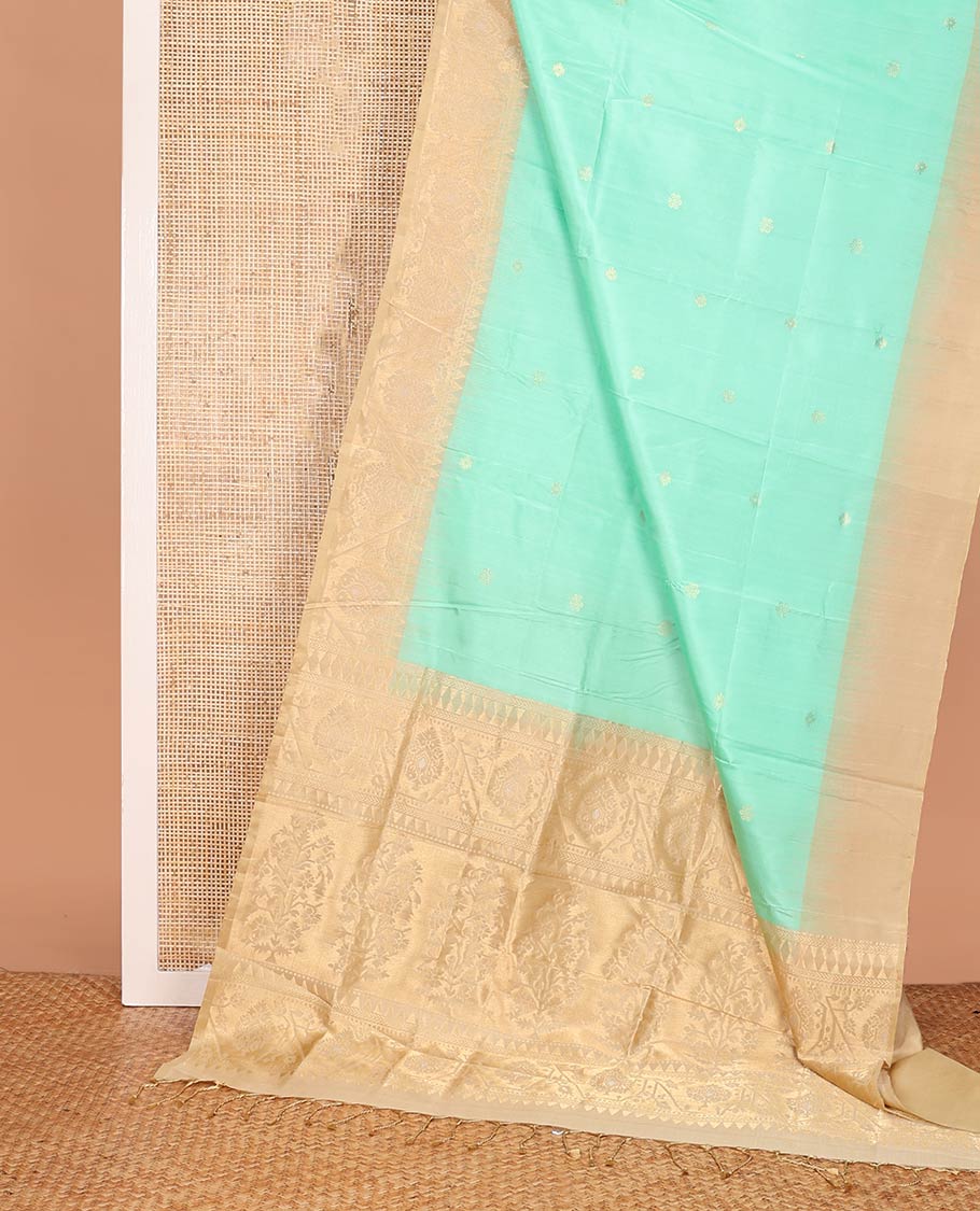Turquoise blue zari buttas soft silk saree, contrast border, and pallu of paithani-style motifs weave
