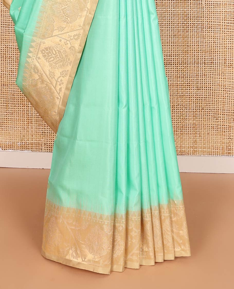 Turquoise blue zari buttas soft silk saree, contrast border, and pallu of paithani-style motifs weave