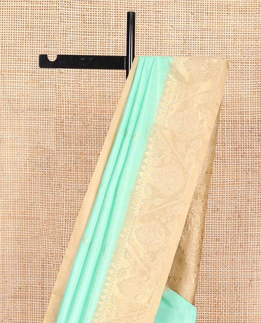 Turquoise blue zari buttas soft silk saree, contrast border, and pallu of paithani-style motifs weave