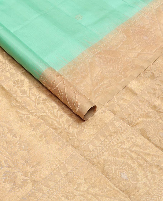 Turquoise blue zari buttas soft silk saree, contrast border, and pallu of paithani-style motifs weave
