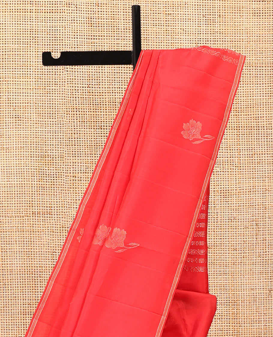 Borderless Red Mayuri Soft Silk Saree, Woven with Floral Buttas All Over the Body, Highlighted by Piping Border, Pallu Steeped with Floral Creeper Designs, and Paired with a Matching Blouse
