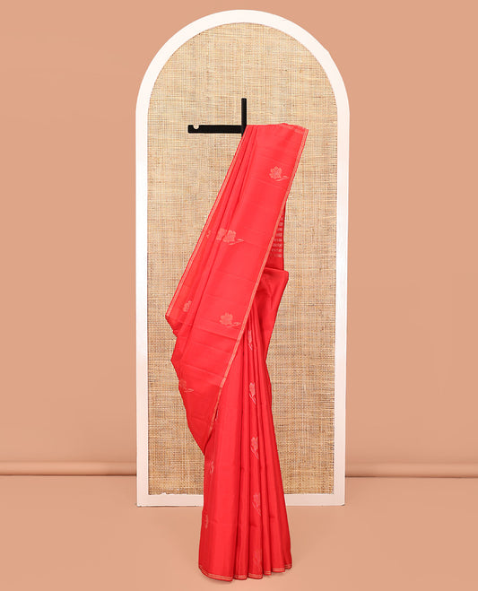 Borderless Red Mayuri Soft Silk Saree, Woven with Floral Buttas All Over the Body, Highlighted by Piping Border, Pallu Steeped with Floral Creeper Designs, and Paired with a Matching Blouse