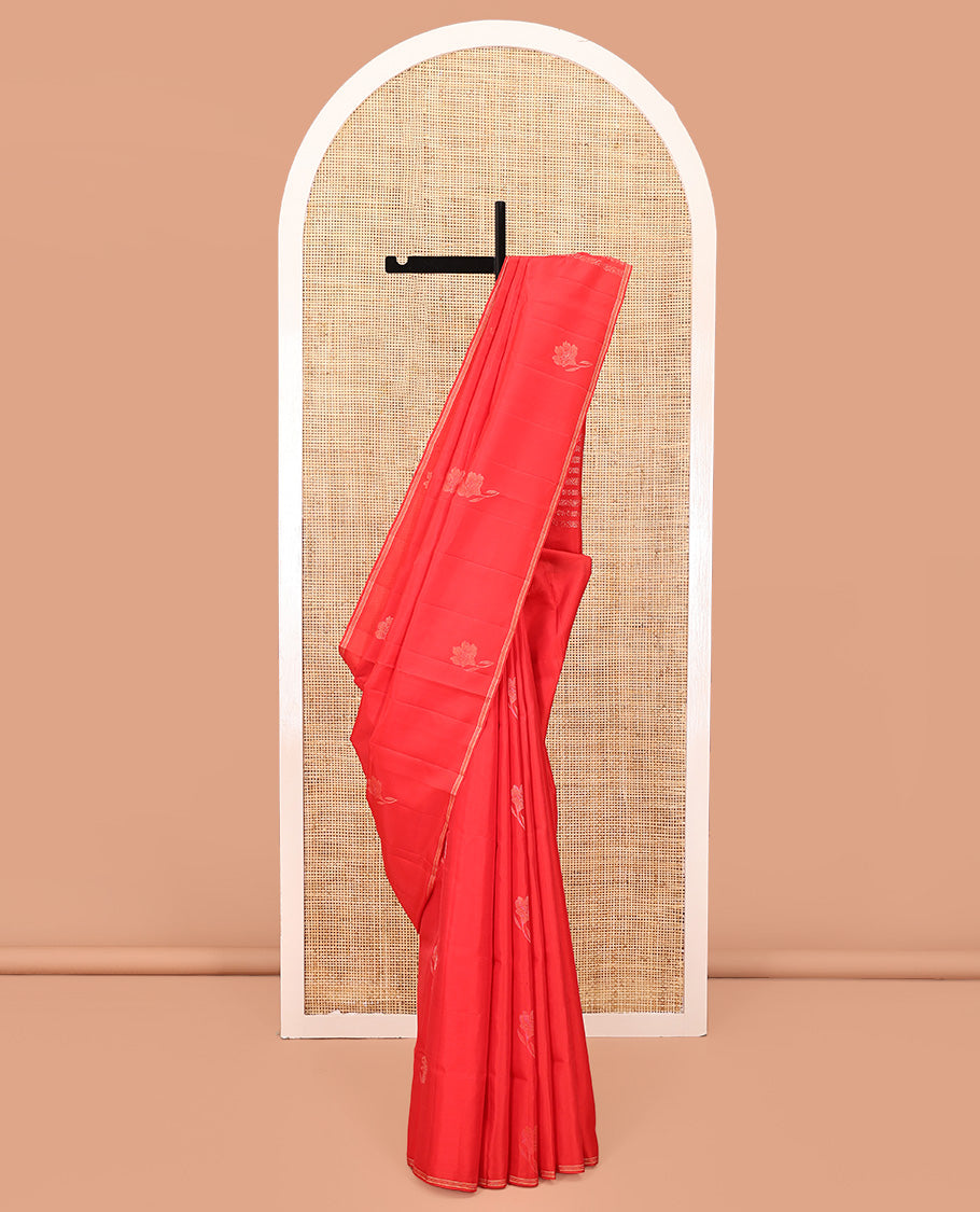 Borderless Red Mayuri Soft Silk Saree, Woven with Floral Buttas All Over the Body, Highlighted by Piping Border, Pallu Steeped with Floral Creeper Designs, and Paired with a Matching Blouse