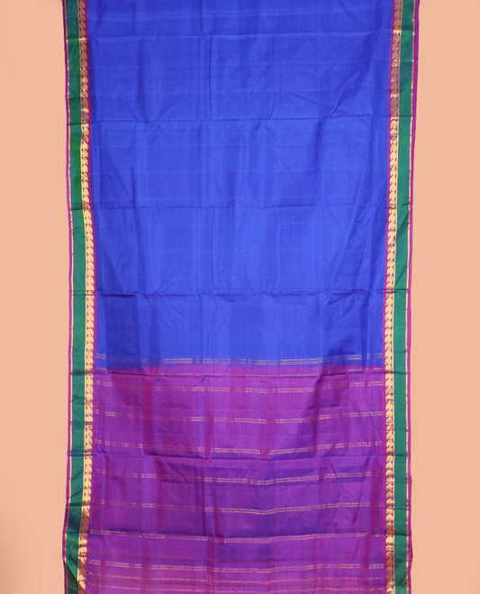 Blue vazhaipoo striped ten-yard silk saree, contrast rettai pettu border of kathir & kuyil kann manga design & zari striped pallu