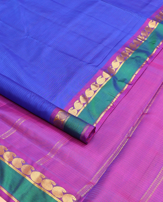 Blue vazhaipoo striped ten-yard silk saree, contrast rettai pettu border of kathir & kuyil kann manga design & zari striped pallu