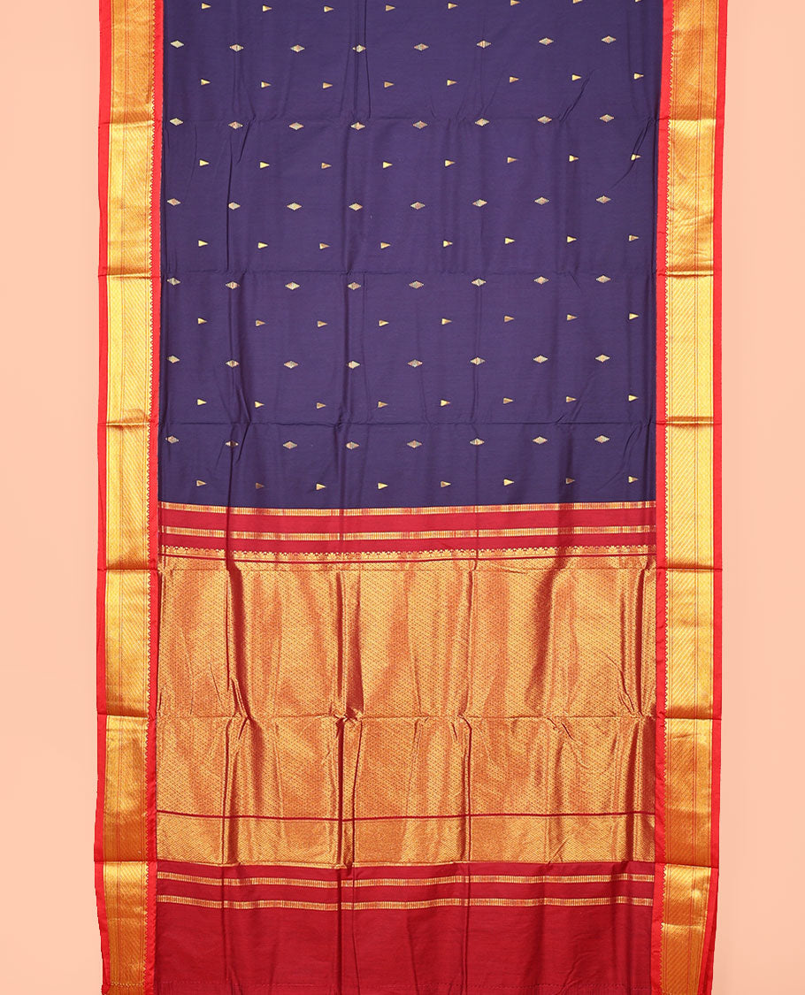 Blue Nine-Yard Art Silk Saree, Adorned with Buttas All Over Its Body, Complemented by a Contrast Traditional Zari Design Border, Gandly Zari Decked Up Pallu, and Comes Without a Blouse