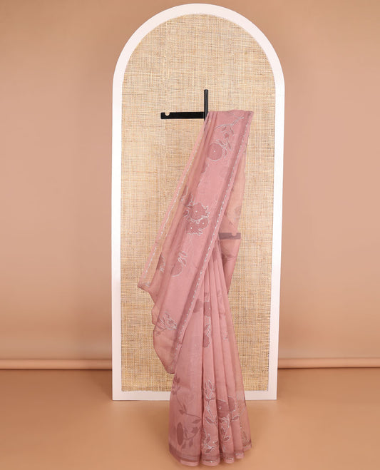 Borderless red all-over floral design organza saree