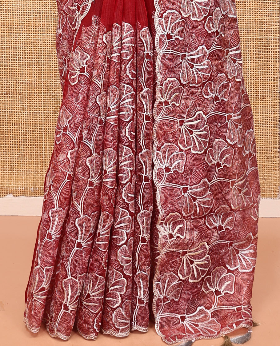 Rust Organza Saree, Mesmerized with Floral Thread Embroidery, Scallop-Embroidered Border, and a Matching Embroidered Blouse