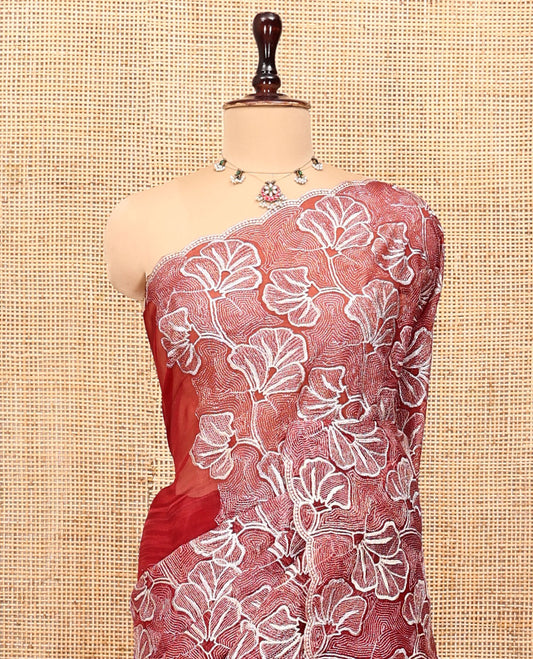 Rust Organza Saree, Mesmerized with Floral Thread Embroidery, Scallop-Embroidered Border, and a Matching Embroidered Blouse