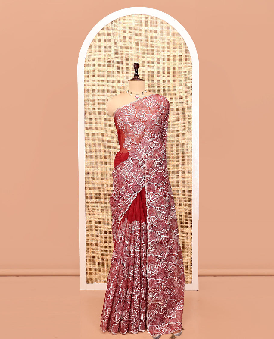 Rust Organza Saree, Mesmerized with Floral Thread Embroidery, Scallop-Embroidered Border, and a Matching Embroidered Blouse