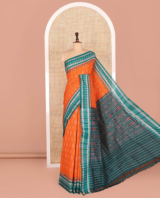 Orange Odisha Cotton Saree, Accentuated with Buttas and Stripes on Its Body, Complemented by a Contrast Temple Ikkat Border, Pallu of Ikkat Weave, and Comes Without a Blouse