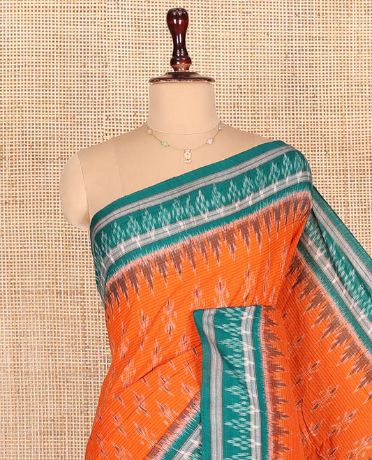 Orange Odisha Cotton Saree, Accentuated with Buttas and Stripes on Its Body, Complemented by a Contrast Temple Ikkat Border, Pallu of Ikkat Weave, and Comes Without a Blouse