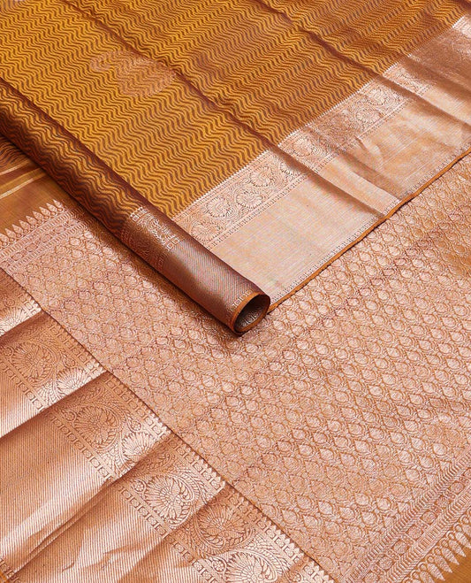 Brown wave, manga design silk saree with contrast border of rekku, paun, kodi visiry, banaras design & zari design pallu