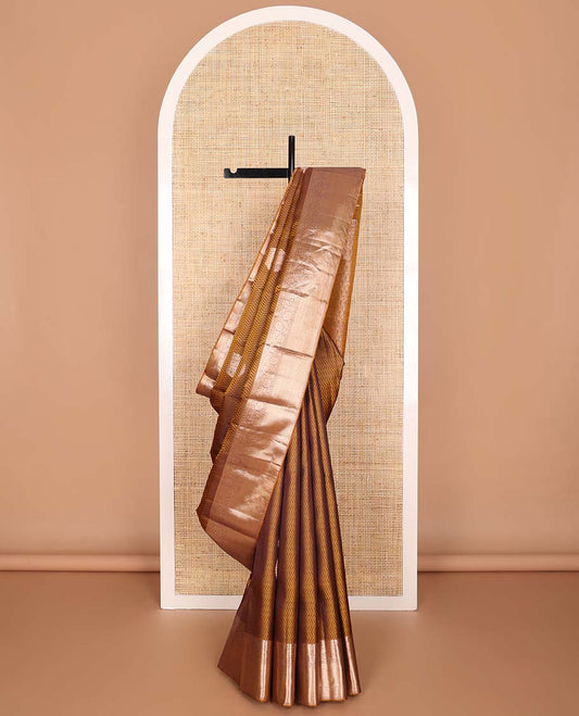 Brown wave, manga design silk saree with contrast border of rekku, paun, kodi visiry, banaras design & zari design pallu