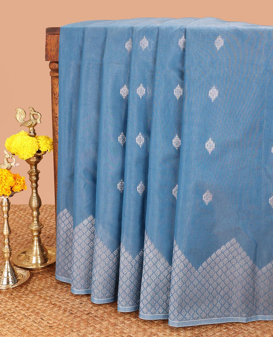 Peacock blue copper zari buttas silk cotton saree with temple border & rich pallu along with plain blouse