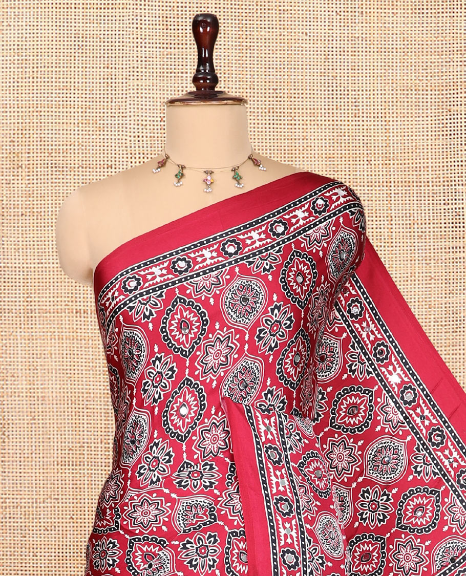 Pink Modal Satin Saree, Adorned with Ajrakh Print, a Self-Printed Border, Ajrakh Pallu, a Matching Blouse