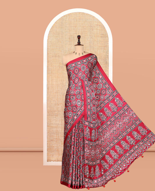 Pink Modal Satin Saree, Adorned with Ajrakh Print, a Self-Printed Border, Ajrakh Pallu, a Matching Blouse