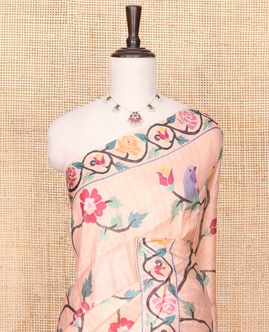 Peach Printed Silk Saree Featuring Colorful Floral Vine and Bird Motifs Printed on Its Body, Subtly Sparkled with a Floral Creeper Printed Border, Pallu of Floral Print, and Paired with a Matching Printed Blouse