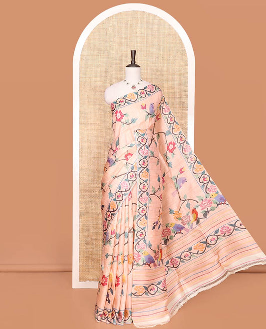 Peach Printed Silk Saree Featuring Colorful Floral Vine and Bird Motifs Printed on Its Body, Subtly Sparkled with a Floral Creeper Printed Border, Pallu of Floral Print, and Paired with a Matching Printed Blouse