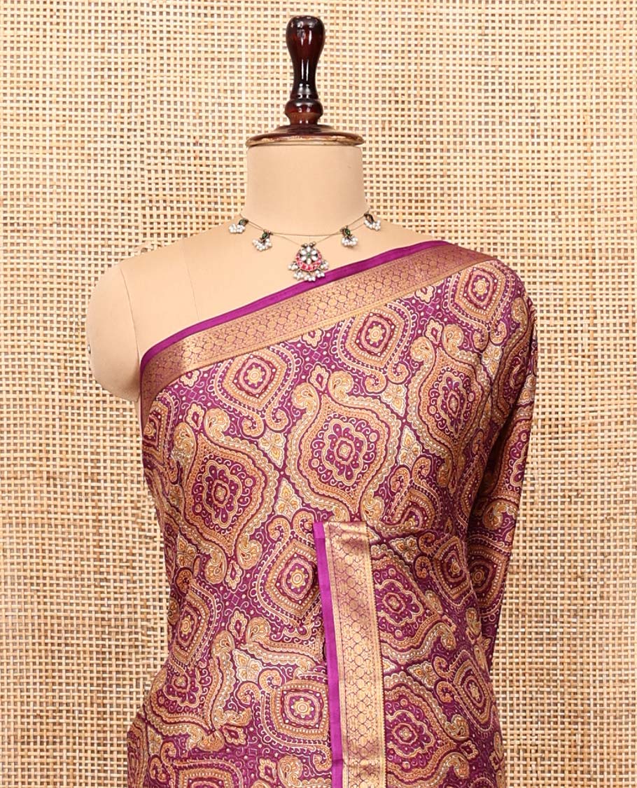 Dark Pink Printed Silk Saree, Elevated with Intricate Prints, Highlighted by a Traditional Zari Border, Printed Pallu, and a Matching Blouse